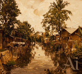 Impressionistic oil‑style image of a canal lined with rustic wooden houses and palm trees near Jakarta.